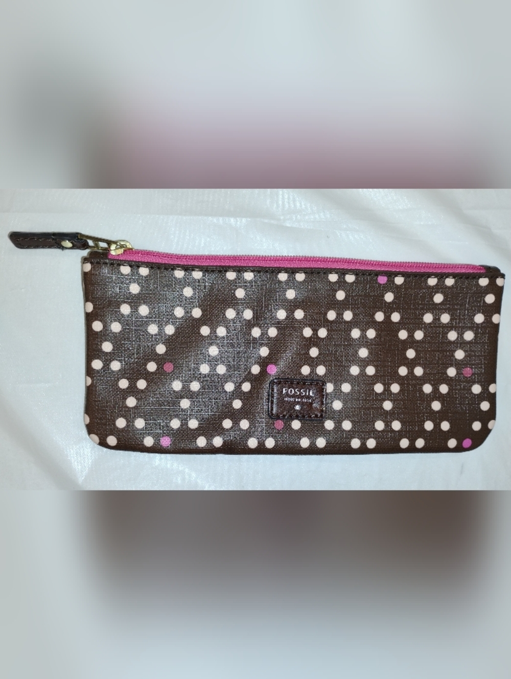 Fossil Brown Polka Dot Pouch with Pink Trim